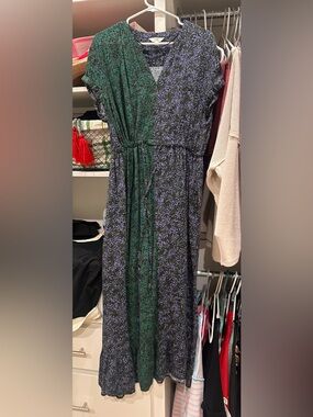 Mixed Green and Purple Printed Maxi Dress with Cinch Waist